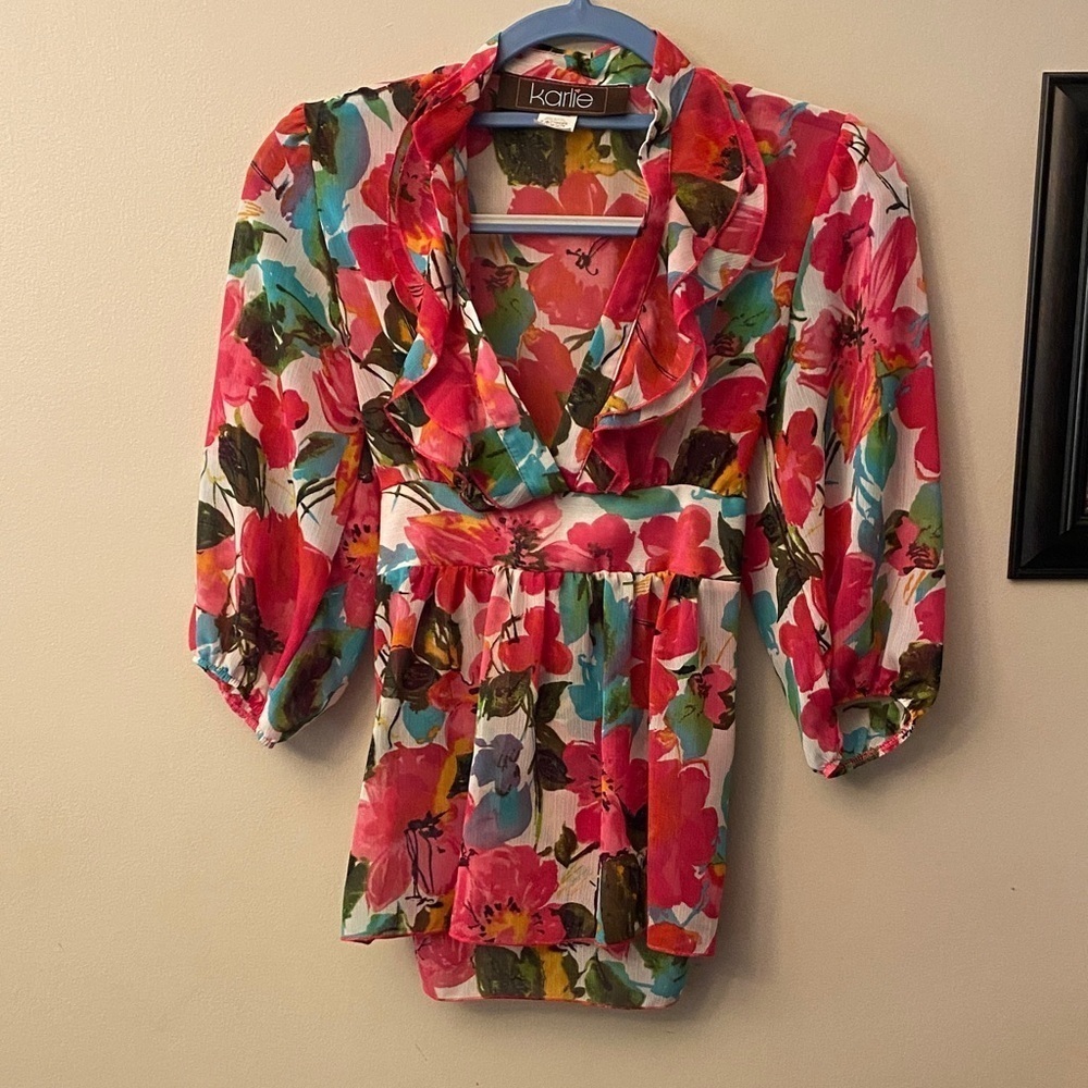 Karlie Colorful Floral Top Semi sheer with Ruffles